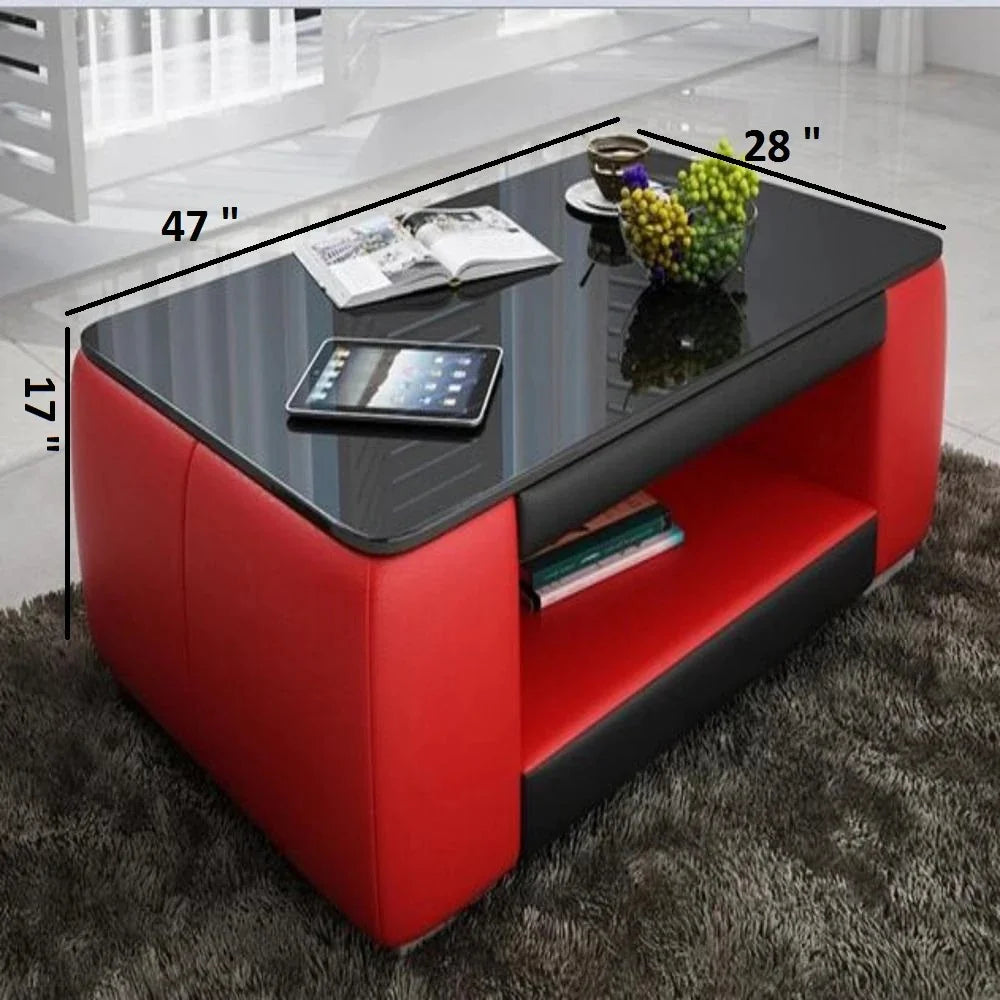 Leatherette Coffee Table: Red and Black Leatherette Coffee Table w/Black Glass