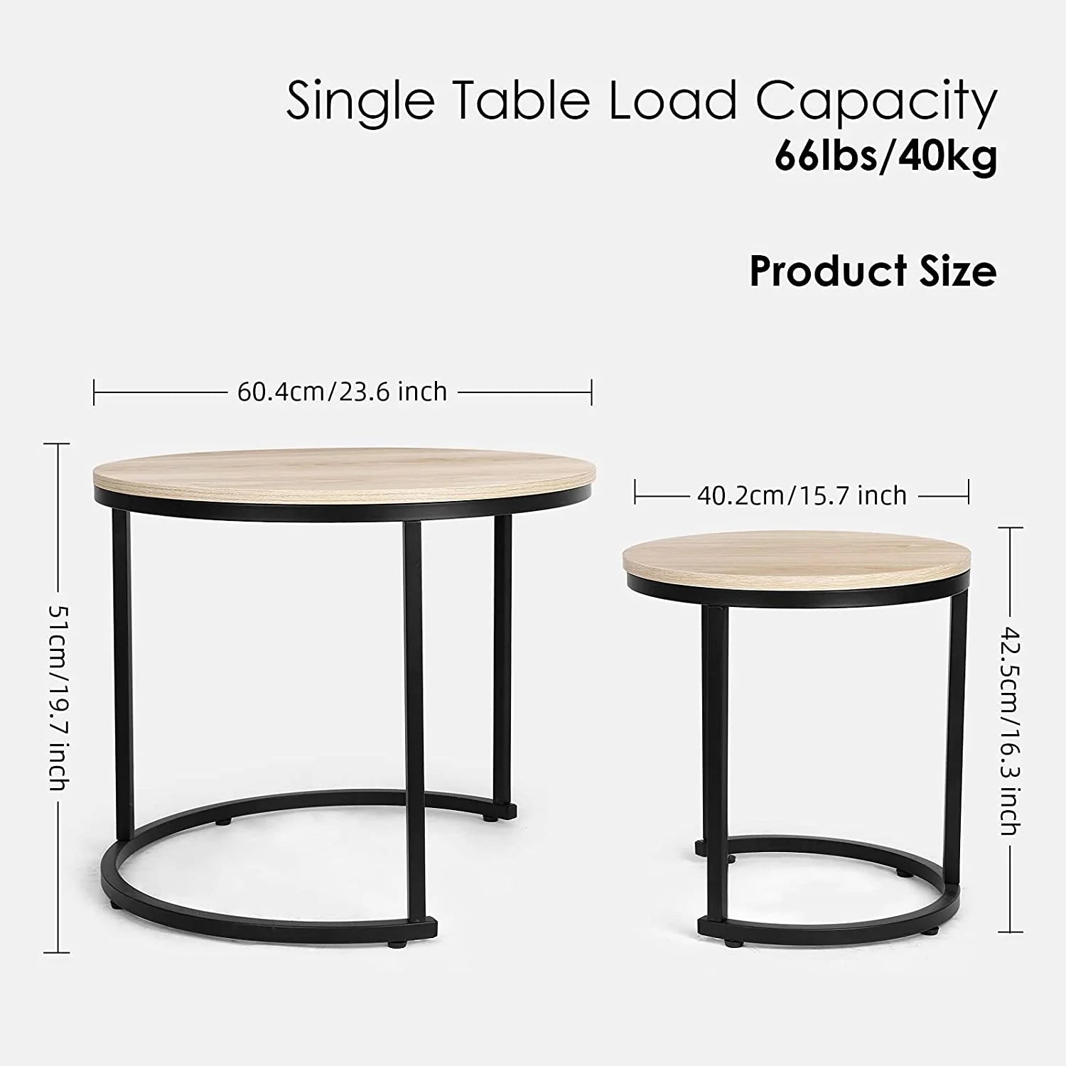 Nest Of Tables: Set of 2 for Living Room, Balcony, Garden, Round Table with Wood Side, Sturdy Metal Frame