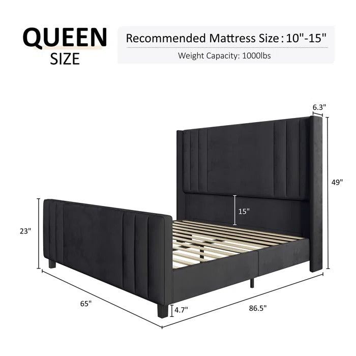 Queen Size Bed: Velvet Upholstered Platform Bed with Headboard