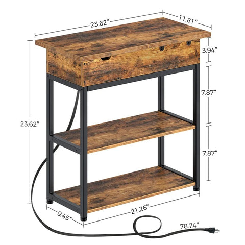Our side table is equipped with built-in outlets with USB charging ports, which makes you worry about low batteries for all of your devices. To make the side table easy to store and organize your stuff, we add a flip-top drawer and 2-tier open shelves. It brings a retro industrial style and fits. Well with any decor and adds a warm charming element to your room. Features Versatile & convenient end table - Narrow side table with a drawer and 2 shelves offer you ample space for storage. Flip top drawer for concealed storage while vintage wooden shelf for open display on which you can place your decorative phone, lamps, and books. Sofa side table with charging station - 2 standard plug outlets & 2 USB ports with cable management 6.5ft long power supply cord. Low battery where is the power outlet? No need to look around it’s within your arm’s reach. Sturdy and decorative construction - Textured particle board with steel frame enquires the capacity to reach up to 22 lbs. The retro rustic brown display makes the bedside table fit well with any decor and adds a warm charming element to your room. Dimension:23.6’’L x 11.8’’W x 23.6’’H. Easy & fast setup and clean - Following the instruction and using the tools provided assembly was completed effortlessly within 30mins! Melamine veneer tabletop is waterproof heat-resistant and dust free you just need a damp cloth to keep the table clean. The end table can be purchased individually