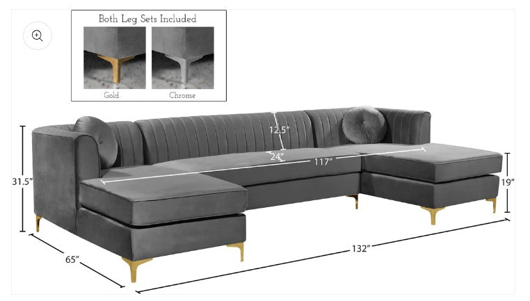 U Shape Sofa Set: 132" Wide Velvet Symmetrical Modular 6 Seater Sofa