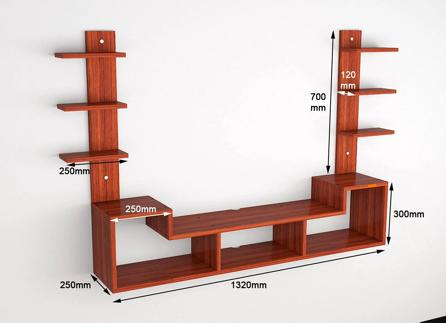 Wall Mount TV Unit: Wall Mount TV Stand And 6 Wall Shelf Wooden Showcase (Ideal for up to 43"screen)