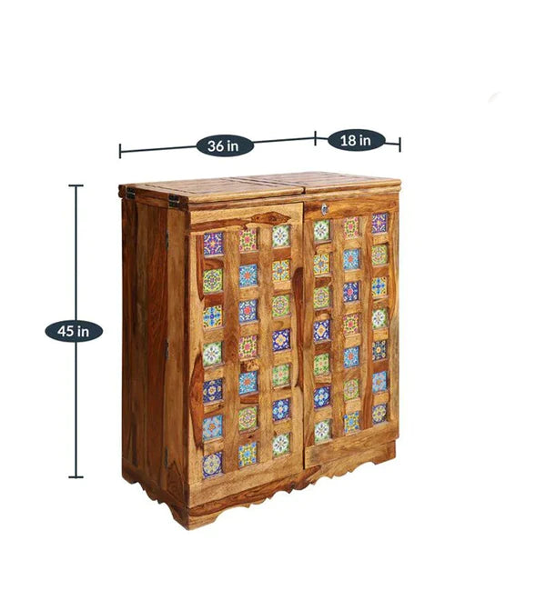 Sheesham Furniture:  Solid Wood Two Door Bar Cabinet in Honey Oak Finished