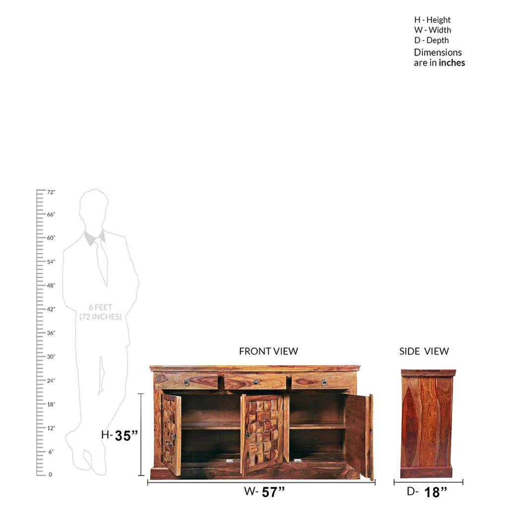 Sheesham Furniture:- Three Door Three Drawer Chest Of Drawers Side Board, Cupboard