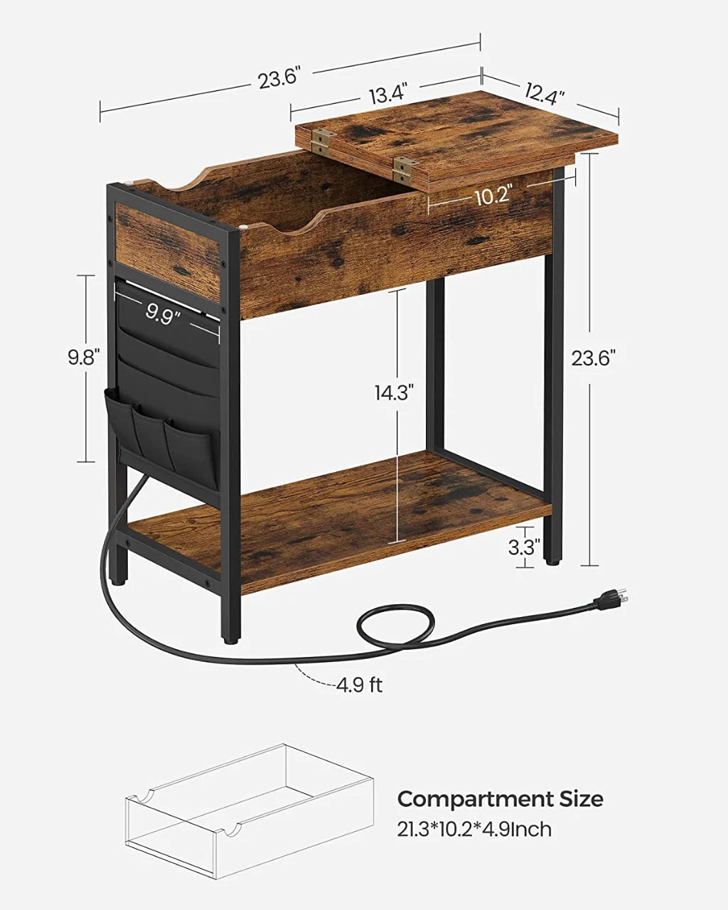 Side Table: Storage Shelf and Fabric Bag, for Living Room, Rustic Brown and Black