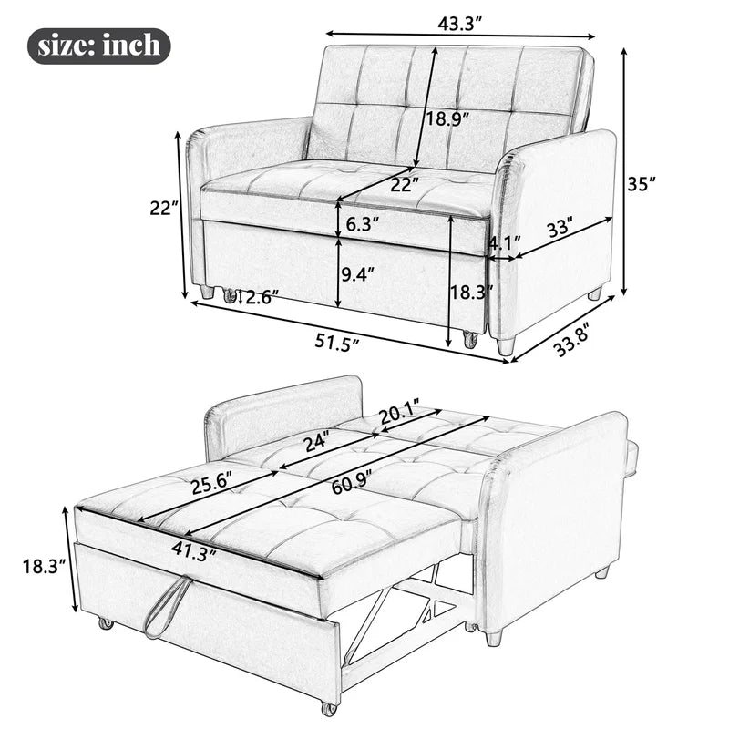 Sofa Bed: 51.5'' Leather Sleeper Sofa Cum Bed