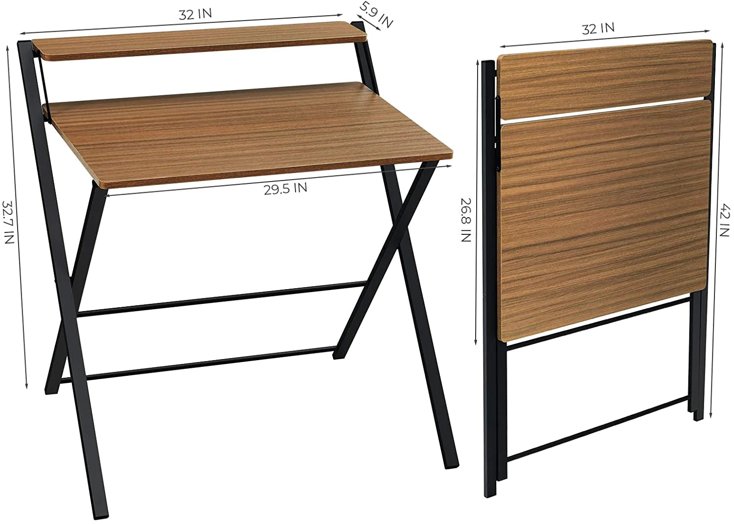Study Table : 2-Tier Small Computer Desk with Shelf Space Saving Folding Study Table