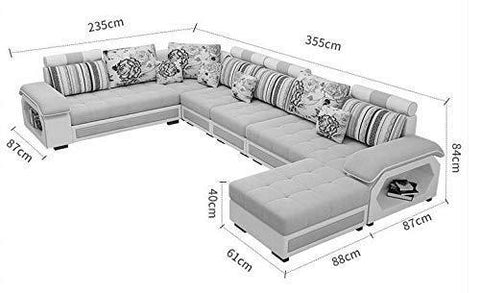 U Shape Sofa Set:- Hardwood, Fabric 9 Seater Sofa Set With 4-Puffy Sofa Set (Roland Pear Green and White)
