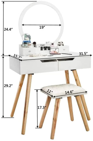 Dressing Table : Table Set with Round Mirror White Dressing Table with Sliding Drawers & Cushioned Stool