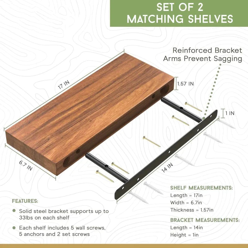 Wall Shelves: Hard Wood, Solid Shelving for Kitchen, Bathroom, Decor - 2 Pack