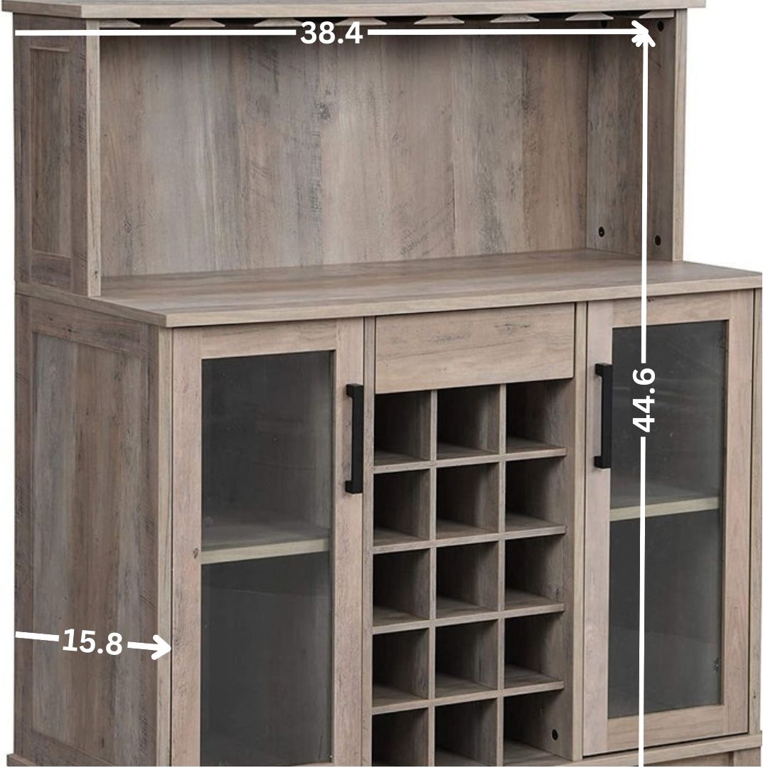 Bar Cabinet: Bar Cabinet with Wine Rack and Glass Doors in Grey Wash Finish