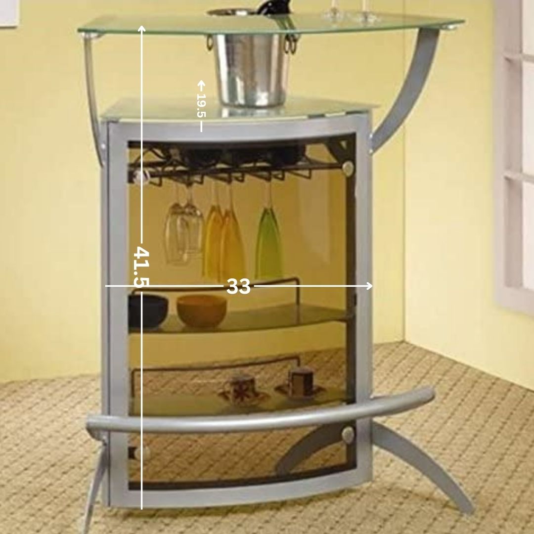 Bar Cabinet: Metal Glass Top Home Bar Unit in Silver