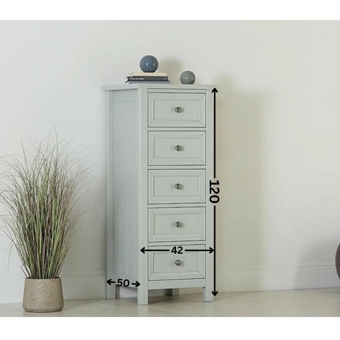 Chest of Drawers: Grey Tall Narrow 5 Drawer