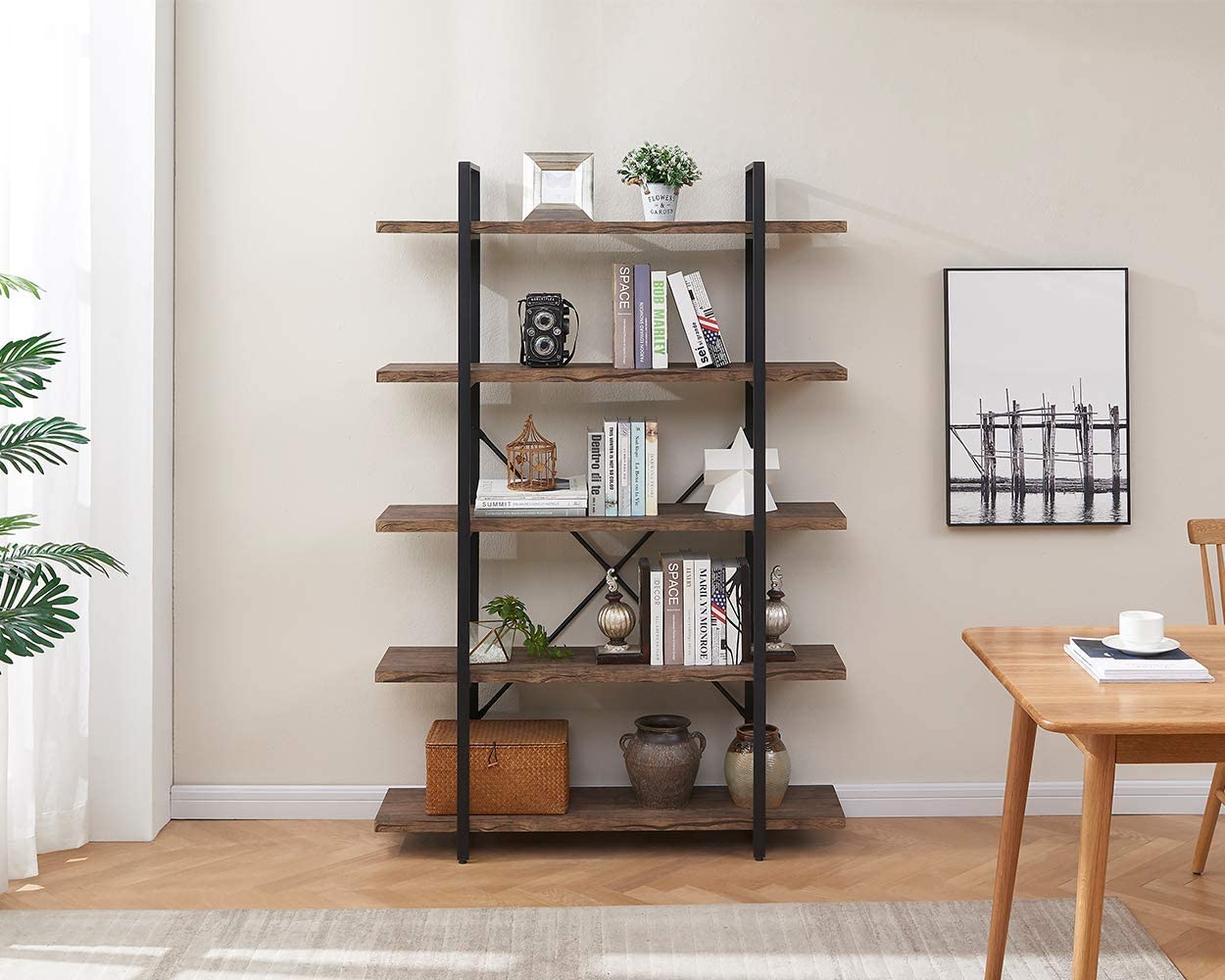 wood and metal open bookcase