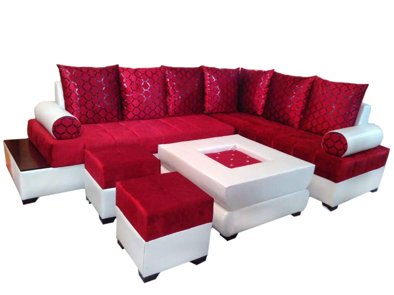 L Shape Sofa Set:- Half Leather Sofa Set with Center Table and 2 Puffy! |  GKW Retail