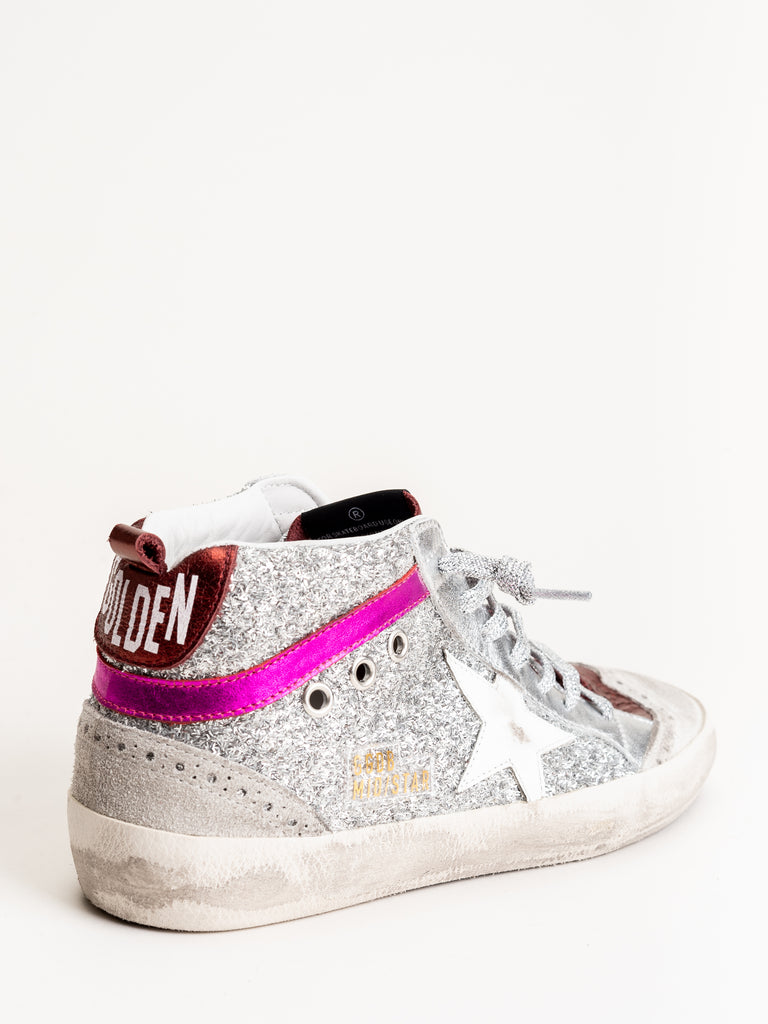 Golden Goose Sneakers Mid Star Silver Glitter-Pink Laminated-White Star