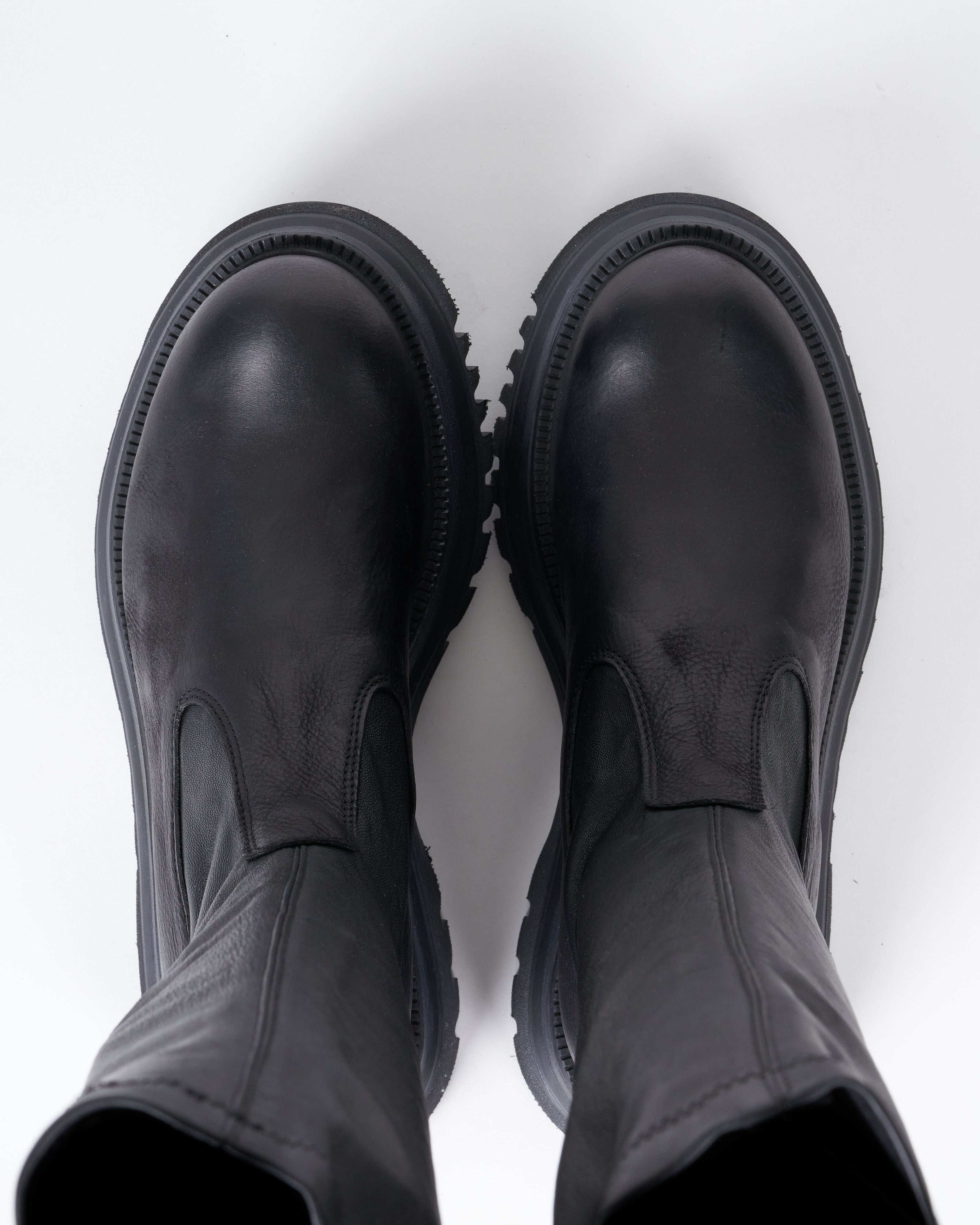 Lofina Stretch Leather - Back Zipper - Lug Sole Tall Boot Black Leather ...