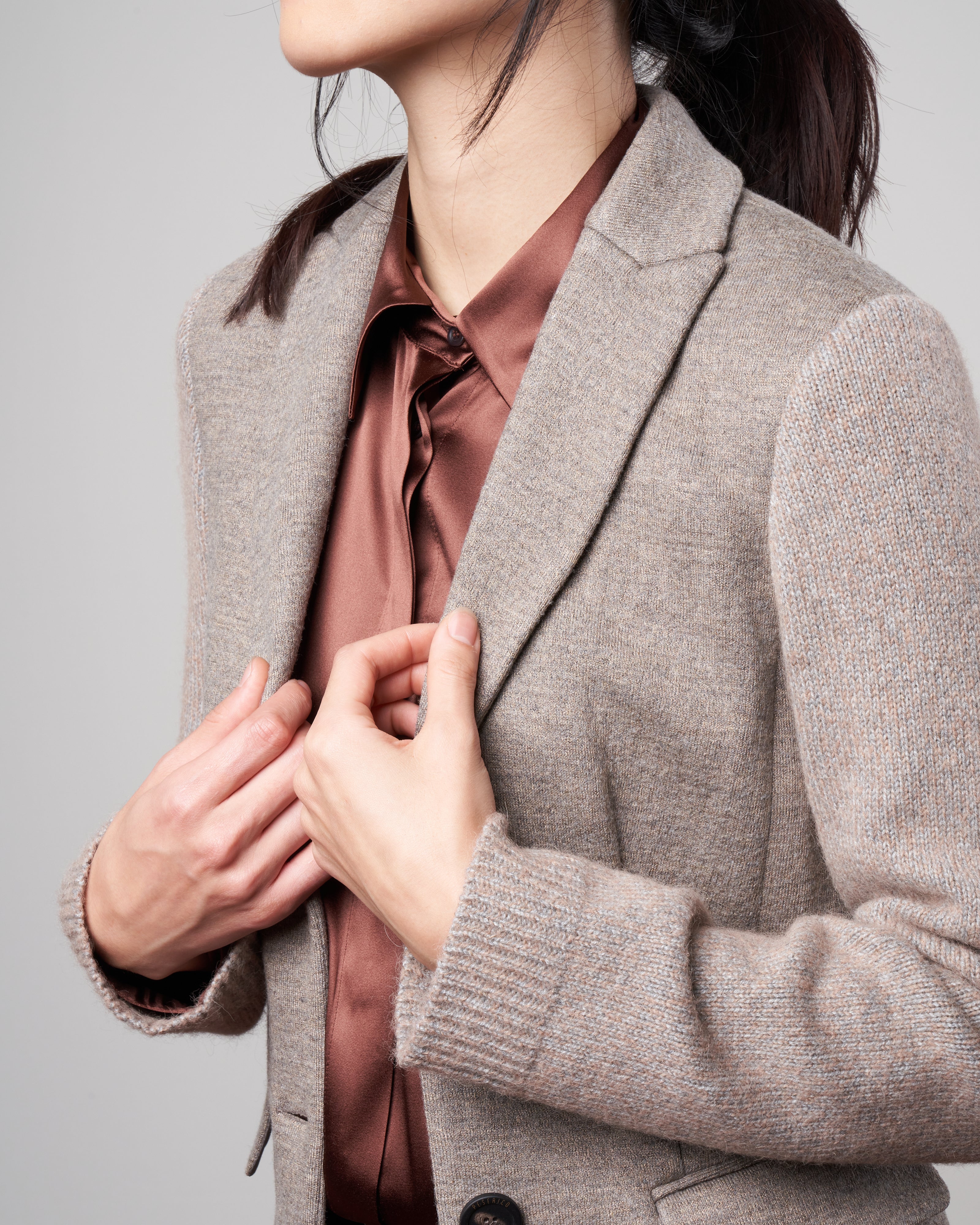 double wool blazer with knit sleeves - hazel grey melange