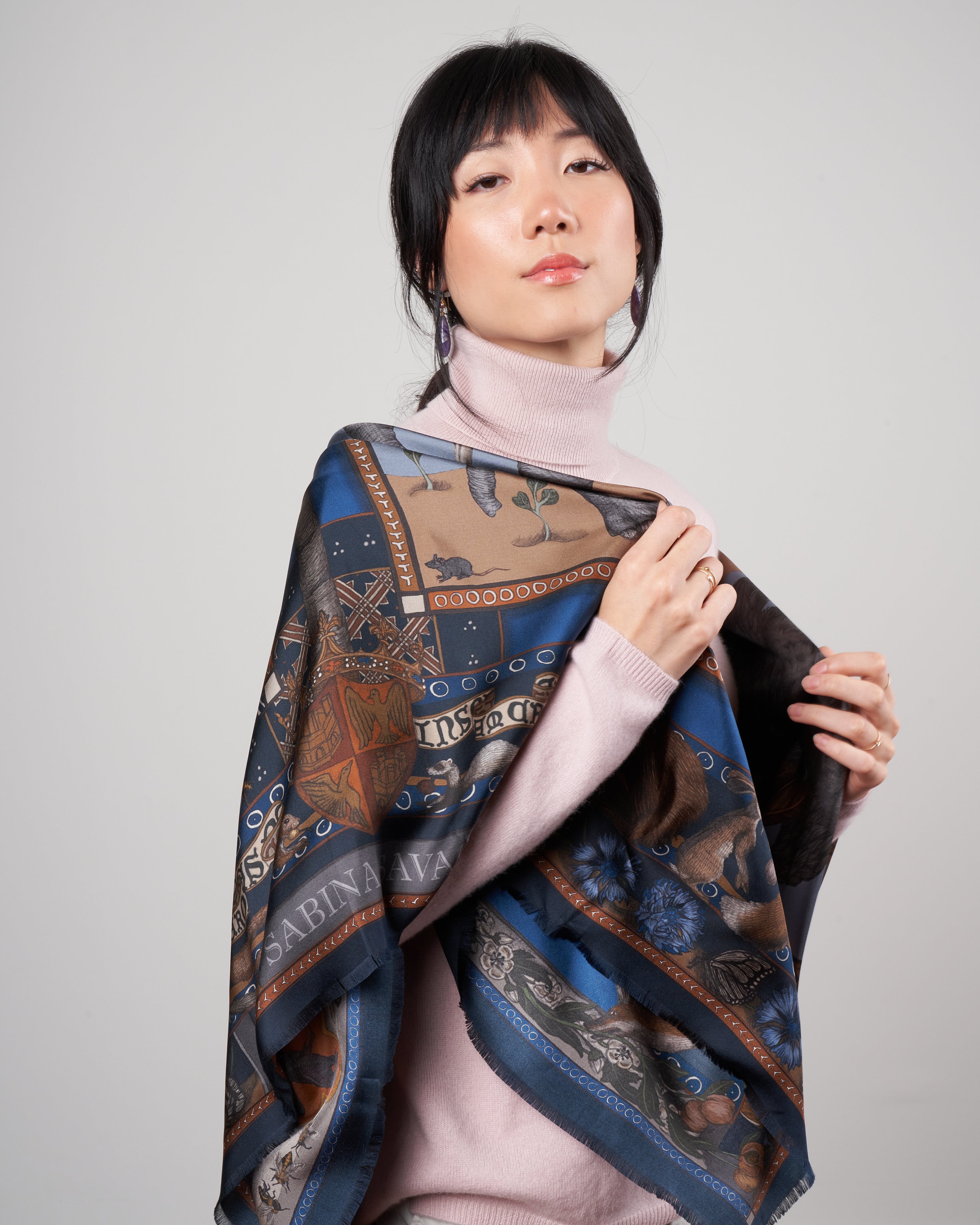 beasts untamed silk scarf -cornflower/bronze