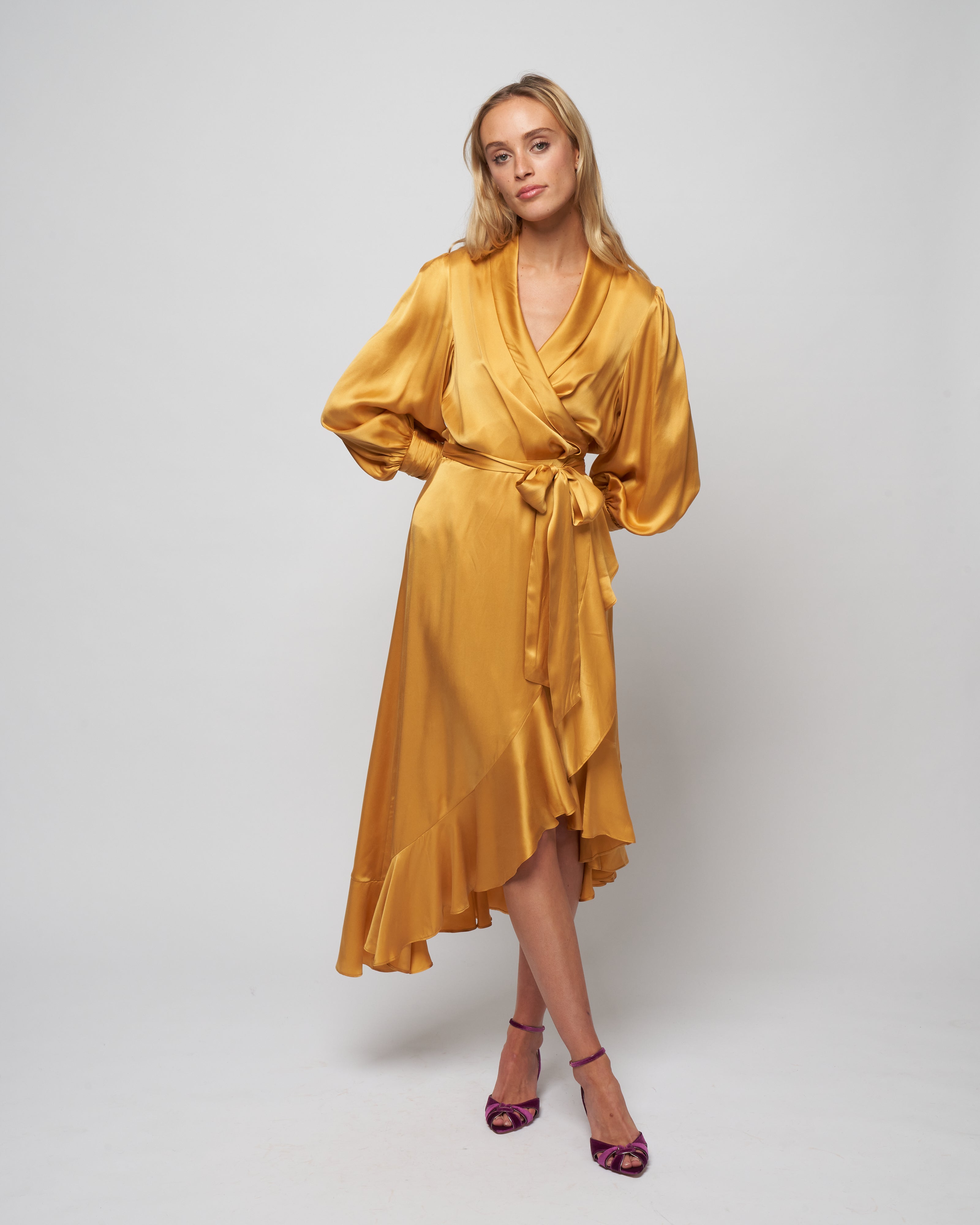 Silk Wrap Midi Dress Gold | ubicaciondepersonas.cdmx.gob.mx