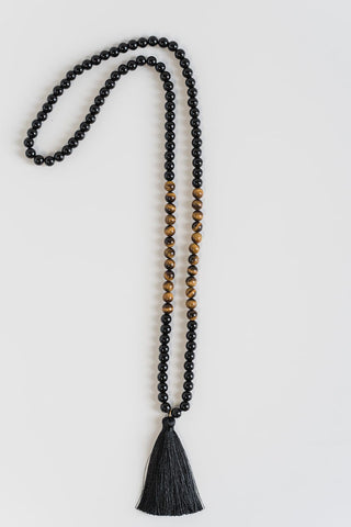 The I Am Strong handmade crystal mala for grounding and anxiety relief using Tiger's Eye and Black Obsidian mala beads.