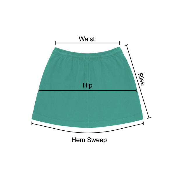 skirt laid flat with lines indicating where measurements are taken from