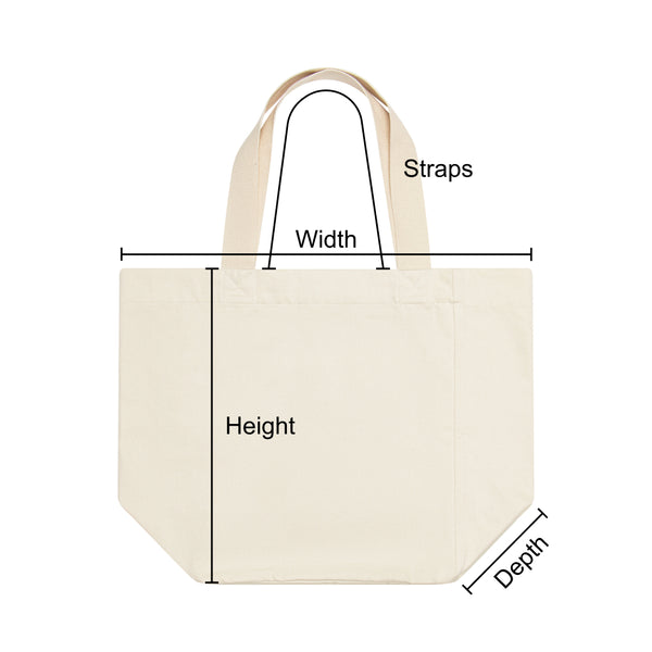 tote bag laid flat with lines indicating where measurements are taken from