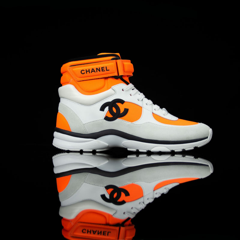 chanel white orange cc logo high top sneaker