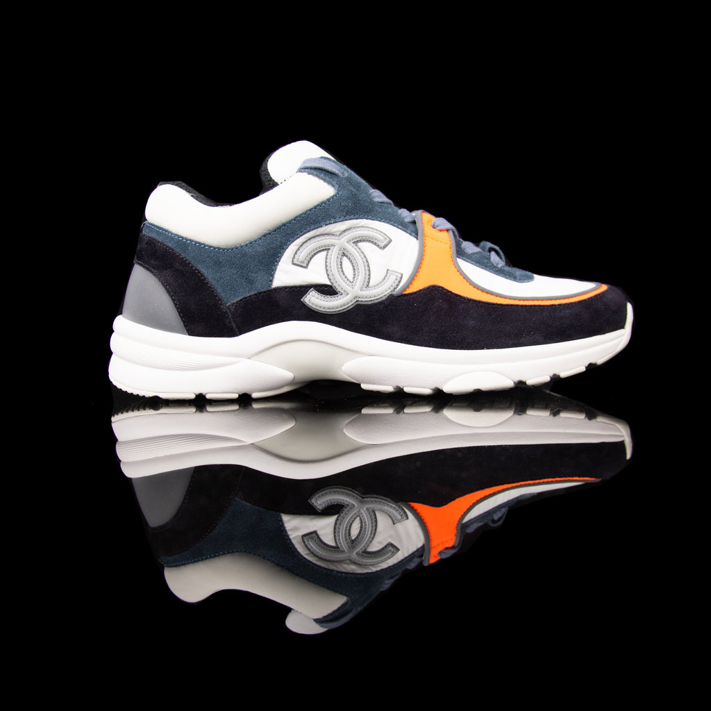 Chanel CC Logo Runner Sneaker Reflective Blue Orange Leather Suede