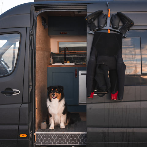 image of wetsuit hanging and dog in front of a van