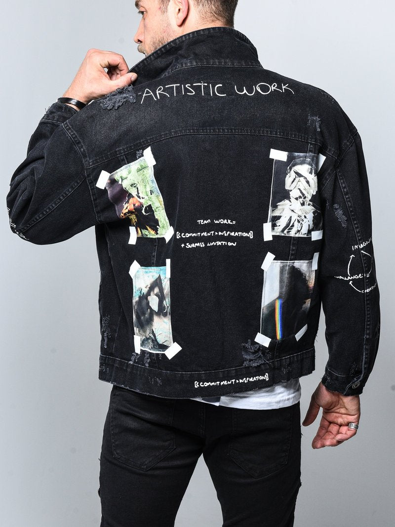 Men's Black Denim Jacket Art Patch 