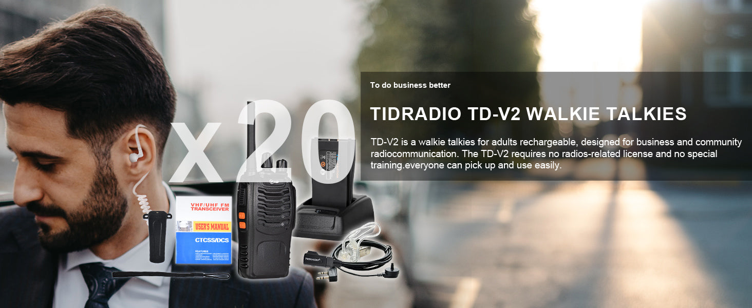 Tidradio TD-V2 (20 Packs) 2 Way Radios Walkie Talkies Long Range Hand Free with Flashilght Rechargeable for Business or Family