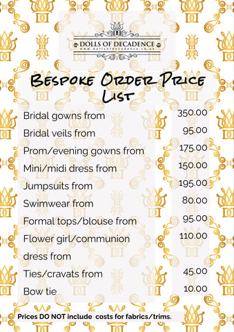 Dolls of Decadence Custom creations price list