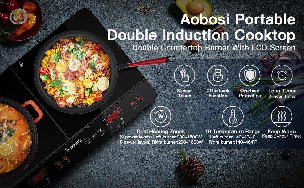 Aobosi Electric Double Induction Cooktop 1800W Portable Ultrathin with  Sensor Touch, 10 Temperature 9 Power Settings 4 Hour Timer, Over-heating  Protection & Child Safety Lock for Kitchen Garden Office 