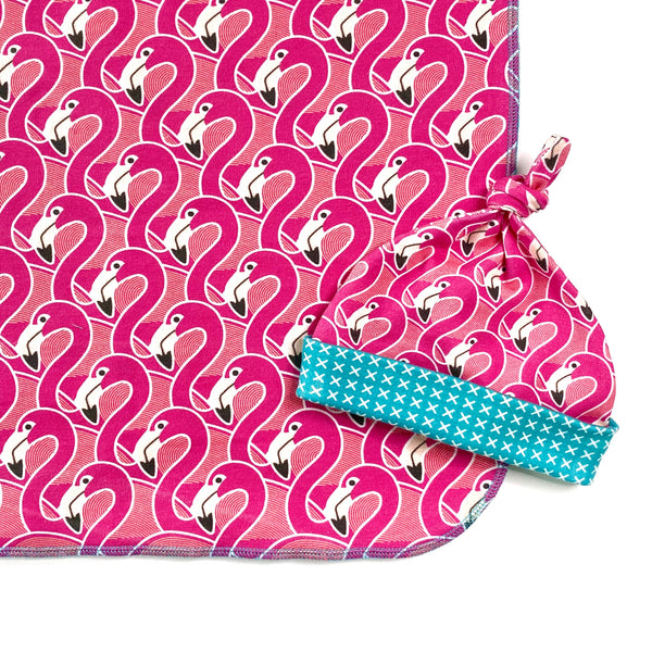 pink flamingo organic cotton swaddle blanket and hat