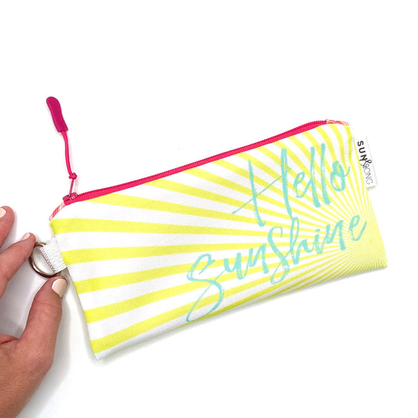 Hello Sunshine Recycled Canvas Makeup Bag - Yellow Text Cosmetic Pouch –  Sun & Song