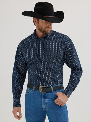 Men's Wrangler George Strait Navy Stripe Print Button Down Shirt - Let's Ride Boots and Apparel