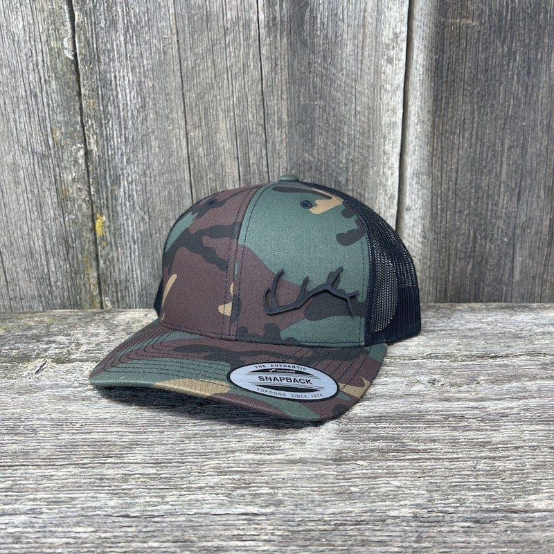 ELK HORN CAMO BLACK LEATHER PATCH HAT - FLEXFIT SNAPBACK | HELLS CANYON ...