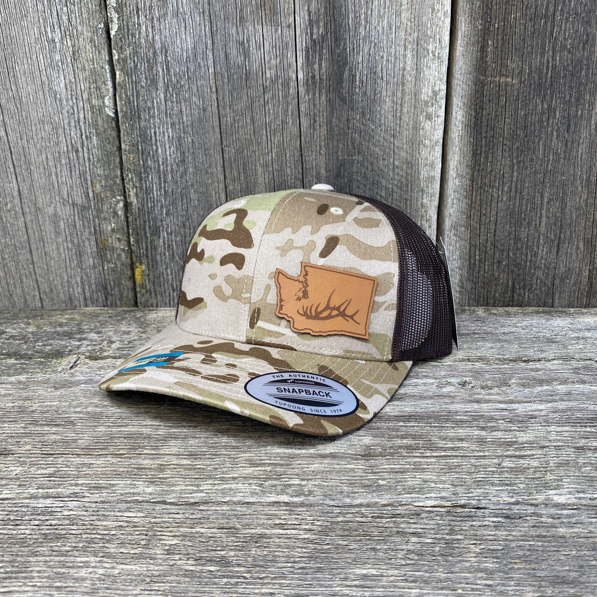 ELK HORN CAMO HAT HELLS Hells - CANYON PATCH BLACK DESIGNS Designs LEATHER SNAPBACK | - Canyon FLEXFIT