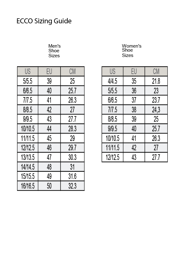 Ecco Shoe Size Chart Women's