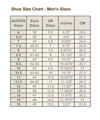 Mens Footwear Sizing Chart