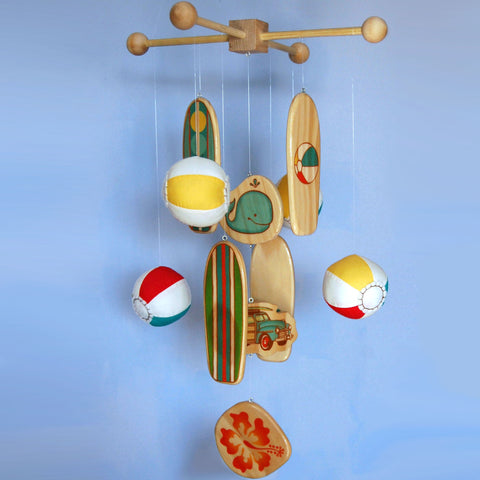 surfboard baby mobile with plush beach balls