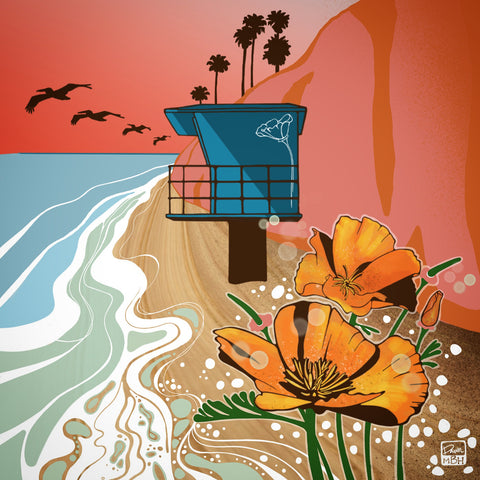 California beach sunset lifeguard tower poppy digital illustration