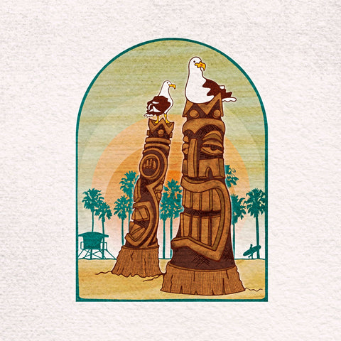 tikis carved out of palm stumps illustration