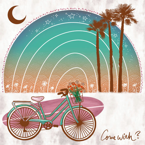 Bike with surfboard at the beach illustration