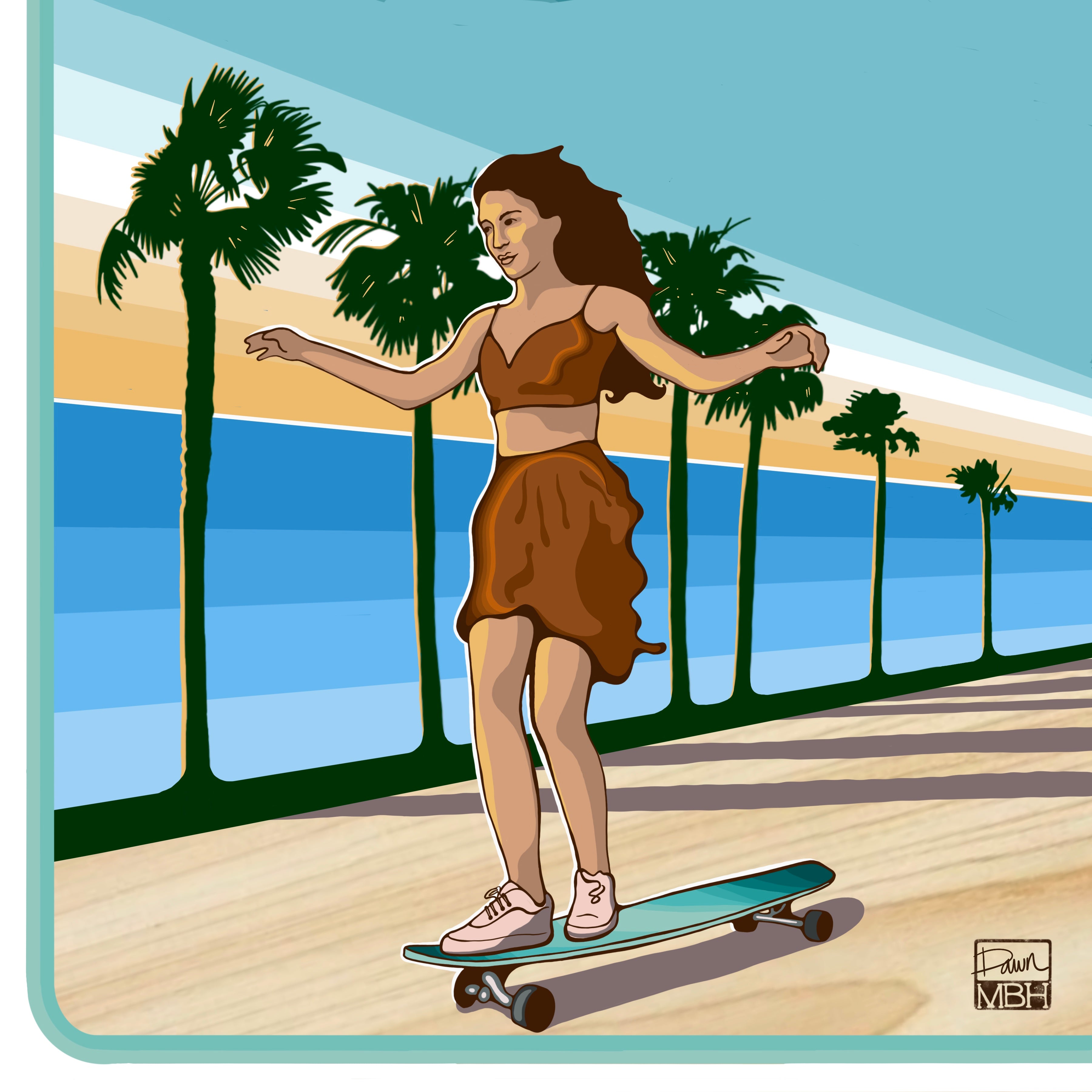Longboard dancing skateboard girl digital illustration