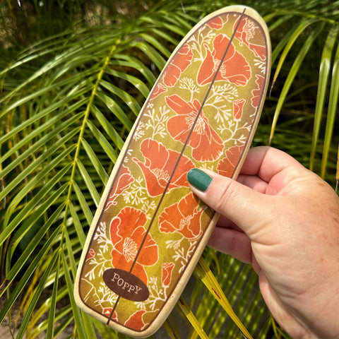 mini surfboard with california poppy pattern