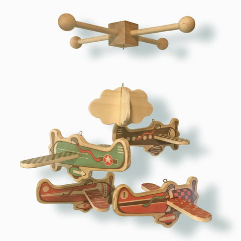 wooden baby mobile with vintage airplanes
