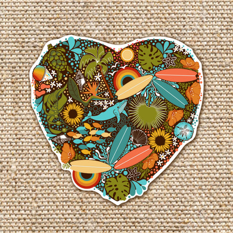 heart shaped sticker with beach themed illustrations of fish surf boards sea shells flowers kelp rainbow