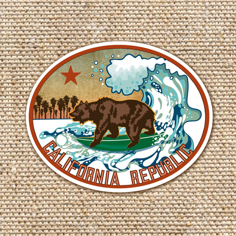 california republic sticker with brown bear surfing